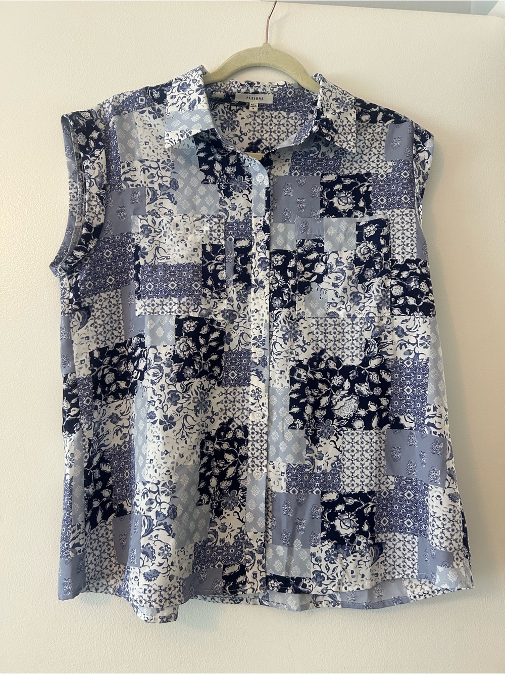 Pleione Blue and White Patchwork Button-Down Sleeveless Top
